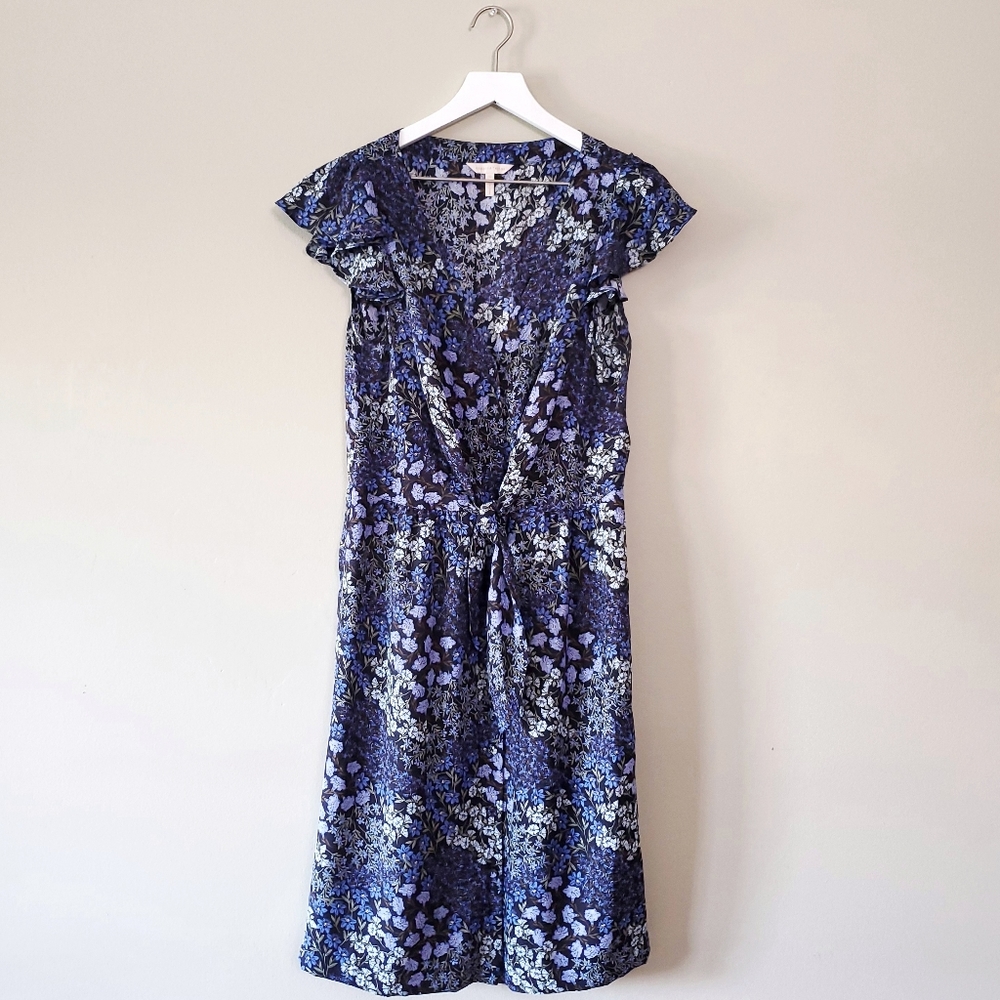 Rebecca Taylor Ava Floral Tie Waist Blue Floral Midi Dress